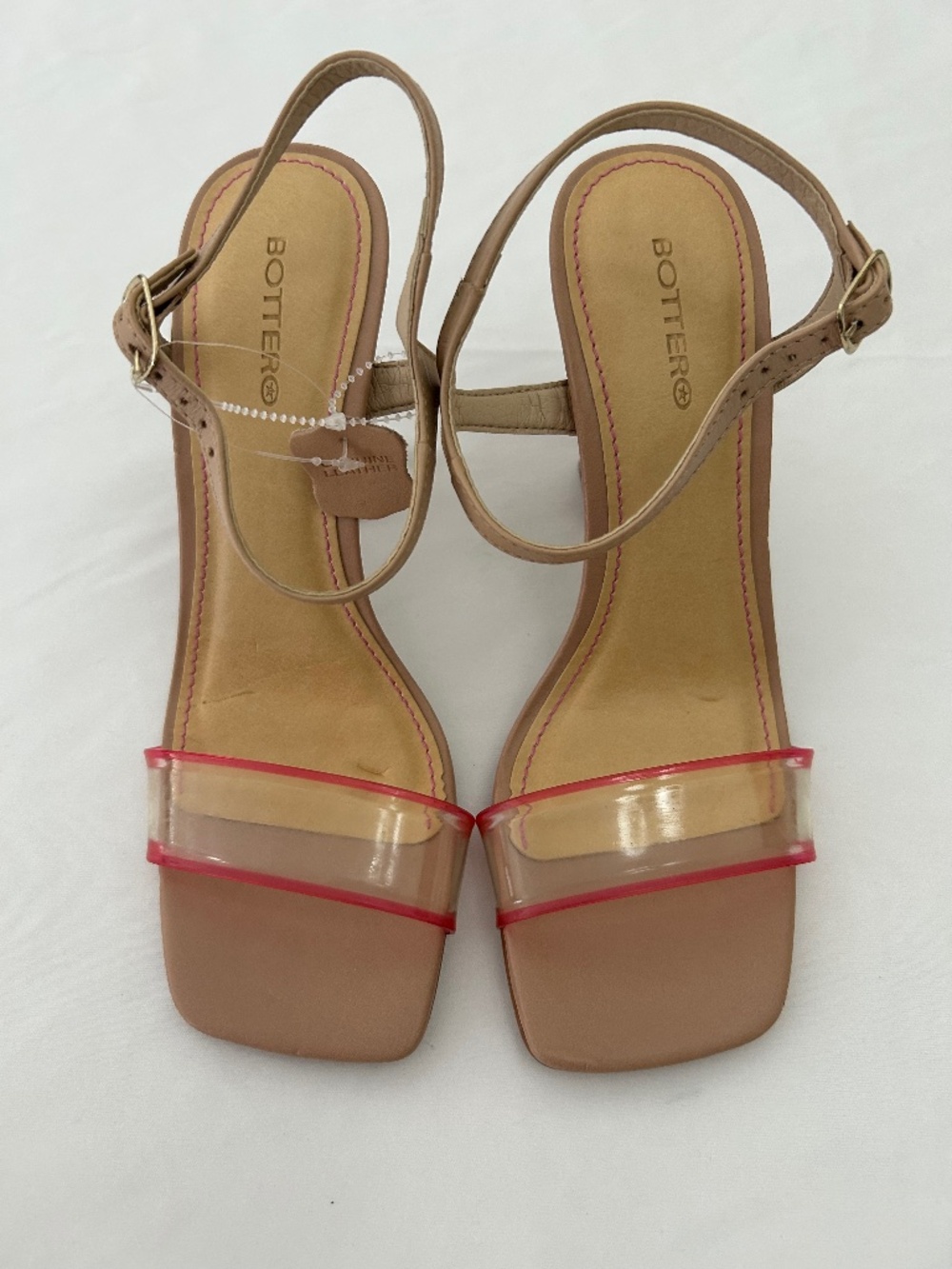 Bottero Tan Leather Heel Sandals Clear Toe Strap Trimmed w/Red  Size 7 Brazil